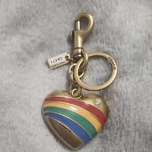 Coach Gold Heart Keychain with Multicolor Stripes